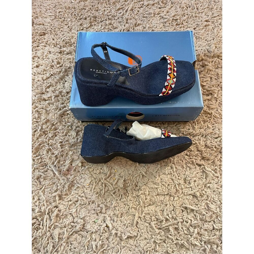 NEW y2k 90s Kenneth Cole denim beaded platform chunky sandals size 9.5